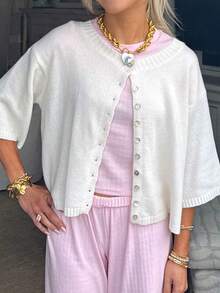 Women Short Sleeve Cardigan Button Down Open Front Knit Crew Neck Sweater Tops Oversized Lightweight Cardigans - 白色 - 查看 4