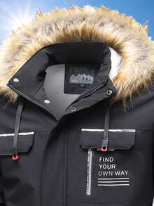 1pc Men's Boyfriend Style Lightweight Outdoor Hiking Camping Running Cycling Windproof Waterproof Insulated Hooded Parka Jacket, Autumn/Winter - Black - View 4