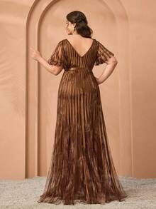 Mgiacy, Hàng mới về, Cổ chữ V, Lưới in, Cà vạt, Tay áo lồng đèn ngắn, Quấn hông, Cao cấp, Đầm dạ hội, Dành cho, Đầm sự kiện cà vạt đen - Cà phê nâu - Xem 2