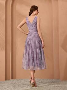 Elegant V-Neck Printed Mesh Drawstring High Low Hem Evening Dress