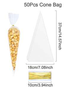 50/100 uds Bolsas cónicas de golosinas, bolsas de palomitas, bolsas de celofán triangulares con lazos retorcidos para caramelos, galletas hechas a mano, regalos de boda, cumpleaños, día de San Valentín, suministros para bufé de dulces y Navidad - transparente - Ver 3