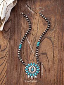 1 pieza Collar con colgante de cruz de piedra de turquesa azul y perlas falsas, collares occidentales joyería para mujer