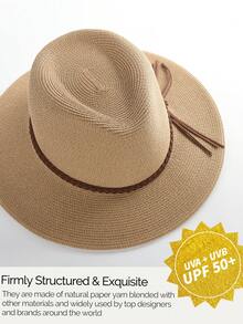 1 Pc Bohemian Style Woven Jazz Hat / Straw Hat For Vacation - Khaki + Twist Decoration - View 6