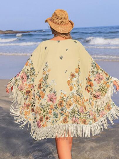 Rusttydustty 女士加大码绿色花卉流苏宽松和服，异域风情，适合海滩度假、野餐、夏季派对、音乐节、复活节海滩、夏威夷等场合。