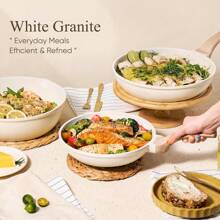 Non Stick Ceramic Cookware Set, And A Single Flat Bottomed Pan Healthy Pot And Flat Bottomed Pot Set, Kitchen Cooking Set, With A Cool Handle To Keep It Cool, White Granite Coating,