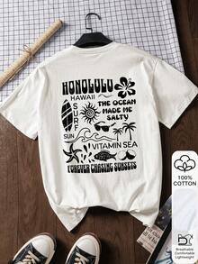 Women's Loose T-Shirt, Starfish, Palm Tree And Fashion Glasses Print, 100% Cotton, White Short Sleeve Graphic Tee, Back To School Clothes, School Outfit Ideas, Back To School Essentials, First Day Of School Outfit, Back To School Outfits 2026 - White - View 2