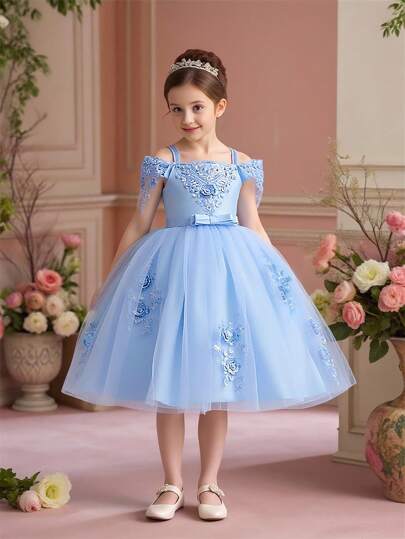 Girls' Solid Color Bow Tulle Satin Puffy Dress, Elegant & Dress Suitable For Runway, School Dance, Formal Occasions (Headband Not Included)