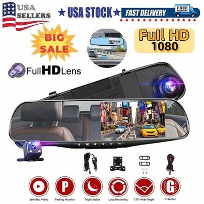 1080P HD Rearview Mirror Car DVR Dual Dash Cam Camera Front Rear Video Recorder