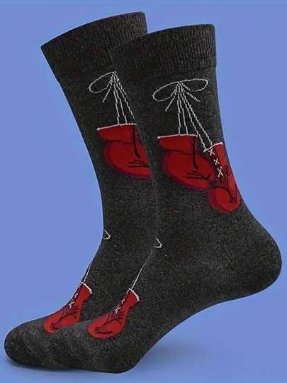 1 paire de chaussettes de boxe à motif de gants de boxe dessin animé - mi-mollet, en tissu tricoté, design stylé et intéressant, automne