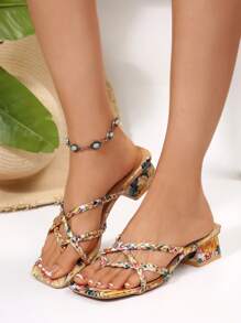New Women Thick Heel Sandals Summer Beige Floral Thong Outdoor Mid Heel Versatile Fashion Slippers