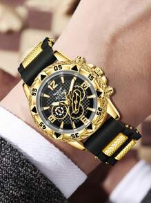 1 pieza Correa de silicona negra, reloj de pulsera casual de deportes con esfera mixta, reloj de cuarzo para uso diario o regalo de vacaciones