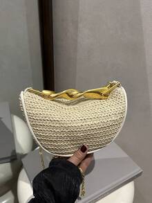 Bolso pequeño elegante con asa metálica. Asa superior metálica dorada y correa ajustable y desmontable de bandolera cruzada. Forro y bolsillo interior. Cierre de cremallera. Bolso pequeño de playa tejido con cremallera y bandolera. - Beis - Ver 11
