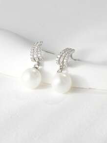 ELSEDES 1 Pair S925 Sterling Silver Pearl Embellished Earrings, Showcasing Fashionable Charm, Quality Jewelry, Suitable For Women's Daily, Party, Anniversary Outfits