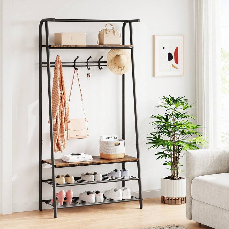 Techigher Coat Rack,Hall Tree With Shoe Bench,4-In-1 Entryway Bench With Coat Rack Freestanding,Steel Frame With Hooks For Living Room Bedroom Entryway - 31.5"W 1 Row Hooks Brown - View 1