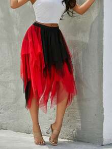 Women Fashion Midi Skirts Contrast Color/Solid Color Elastic High Waist Irregular Ruffles Multi-Layered Tulle Tutu Skirts - Red and Black - View 4