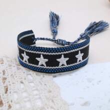 1 pieza Brazalete bohemio hecho a mano con decoración de estrella, borlas trenzadas, estilo casual adecuado para amigos, familiares, estudiantes, regalos festivos, fiestas, uso de viaje