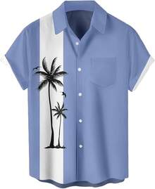 Men's Short Sleeve Button Up Hawaiian Shirt 1950s Vintage Bowling Shirts-20256688 - 夏威夷-淺藍色 - 查看 1