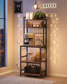 VASAGLE Hutch Bakers Rack With Power Outlet, 14 Hooks Microwave Stand, Adjustable Coffee Bar With Metal Wire Panel, Kitchen Storage Shelf, 15.7 X 23.6 X 66.9 Inches - 查看 6