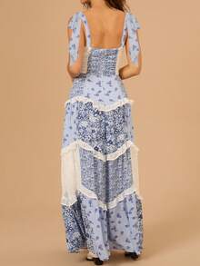 Women's Tie Straps V Neck Floral Print Maxi Dress Sleeveless Lace Patchwork Ruffle Tiered Long Dress Summer Casual Dress - 藍色 - 查看 2