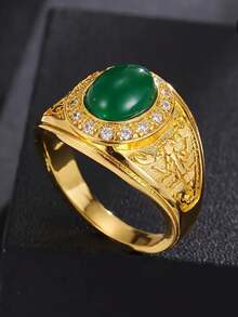 1pc Punk Style Men's Daring Scorpion Design Ring, Gold-Tone Copper With Green Jade Accents And Shimmering Synthetic Cubic Zirconia Stone, Elegant & Glamorous Party/Event Gift And Everyday Wear, Casual Or Formal