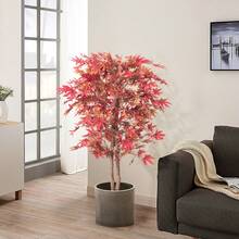 4ft/5ft Artificial Maple Tree, Large Faux Tree Soft Silk Autumn Maple Decorative Plant With Plastic Pot For Party Home Living Room Decoration Thanksgiving Harvest - Đỏ - Xem 3