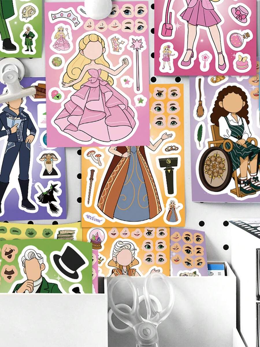8Sheets Magic Witch Make A Face Puzzle Stickers Aesthetic Cartoon Graffiti DIY Decals Christmas Halloween Party Toy Gifts Laptop Phone Decoration Jigsaw Assemble Games - Multicolor - View 1