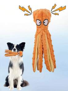 [吱吱叫的橙色章鱼] 宠物咀嚼玩偶 - 可互动吱吱叫的毛绒玩偶，适合狗和猫（1 个），缓解压力和清洁牙齿