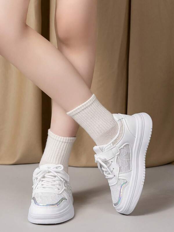 2025 Mädchen Glitzer Sneaker | Kunstperlenstickerei leichte Schuhe für Party & Schule | rutschfest atmungsaktiv Mesh (Pink/Weiß) 3-14 Jahre