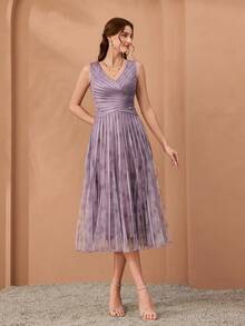 Elegant V-Neck Printed Mesh Drawstring High Low Hem Evening Dress