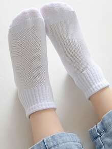 5 Pairs White Cotton Casual Socks, Elastic Mid-Calf Sports Sweat-Absorbent Socks For Students - White - View 5