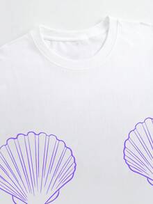 Women's Summer New Simple Shell Print Casual Vacation Style Loose Versatile Round Neck Sleeved T-Shirt Fashionable Daily Tops Suitable For Daily Vacation Wear.Graphic Tees Women Top - trắng - Xem 3