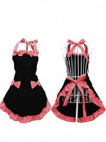 1pc Cute Polka Dot Bowknot Princess Style Apron, Adjustable Waist Strap, Single Pocket Design, Sleeveless Kitchen/Restaurant Uniform For Women