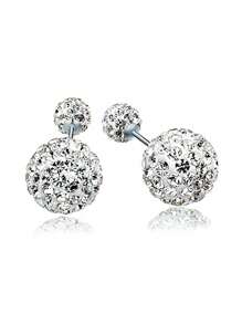 1 par de brincos de bola dupla de prata esterlina S925 para mulheres, brincos pendurados na frente e atrás com diamantes, brincos de gancho