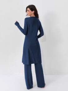 VFJ 女士穆斯林泳装两件套，全身防晒服，伊斯兰布基尼泳衣，长款沙滩装 - 藏蓝色 - 查看 7