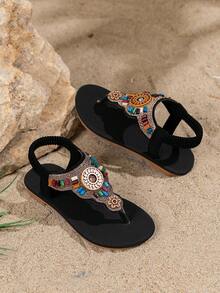 1 Pair Fashion Children's Rhinestone Sandals, Children's Beach Sandals, Bohemian Style, Handmade Rhinestone Sandals - Black - View 4