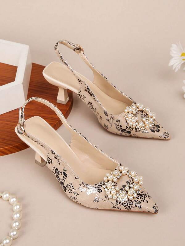 2025 Spring Autumn Women Pointed-Toe Mary Jane Flats, Pearl Button Decoration, Elegant Pearl & Rhinestone Embellished Fashion Shoes