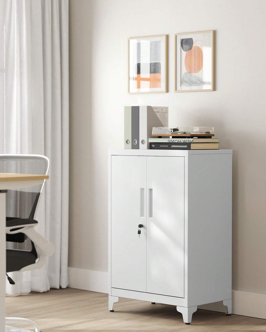 Caisson de Bureau, Placard Polyvalent, Armoire de Bureau à 2 Portes, Verrouillable, en Acier, pour Salon, Blanc Mat - Blanc - Voir 1