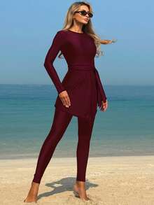 女士撞色绑带长袖端庄优雅泳衣套装，适合海滩度假