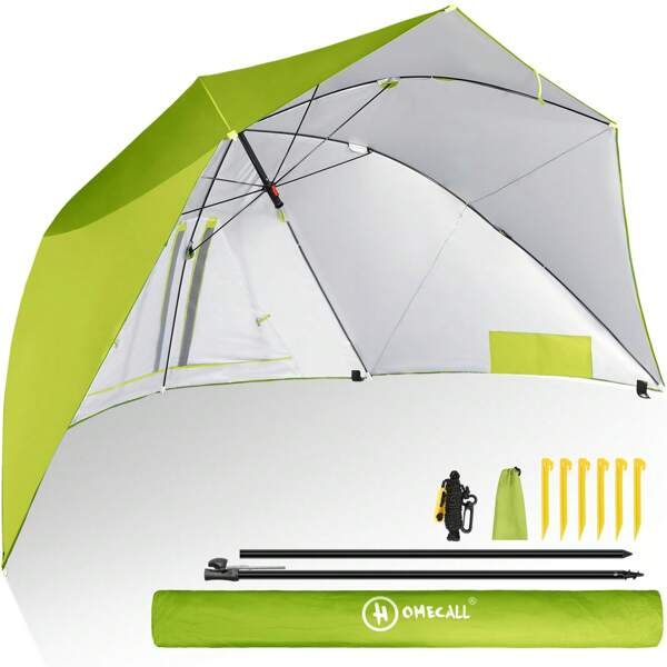 HOMECALL Strandmuschel mit umbrella system UV-resistentes 50+ Khaki Umfunktionieren zum Sonnenschirm Strandschirm, für 2-3 Personen