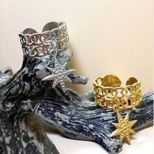 1pc Titanium Steel Open Snowflake Pendant Ring, Suitable For Daily Wear, Christmas Gift - Yellow Gold - View 1