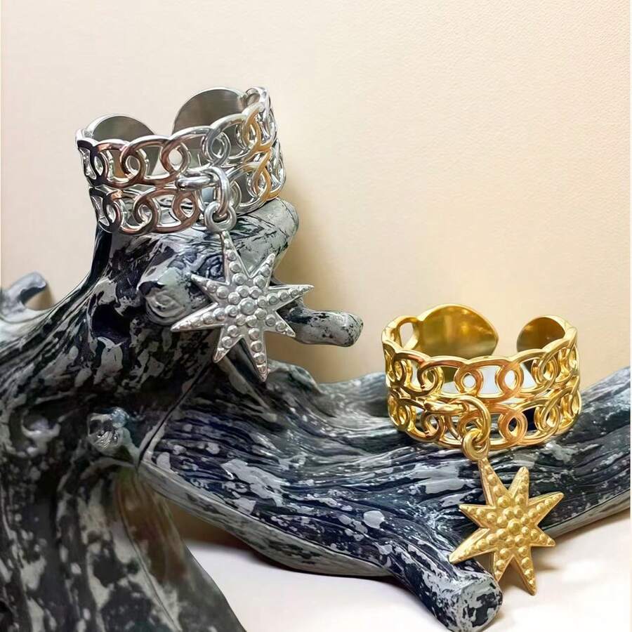 1pc Titanium Steel Open Snowflake Pendant Ring, Suitable For Daily Wear, Christmas Gift - Yellow Gold - View 1