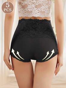 MIOTAN 5pcs Women High Waist Slimming Lace Patchwork Jacquard Pattern Briefs