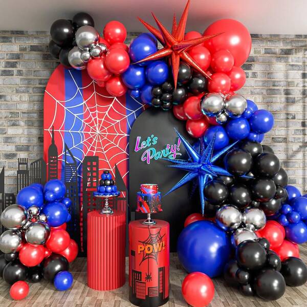 134PCS 5/10/18inch Black Red And Blue Sliver Balloons Arch Kit, Spider Men Theme Balloon Garland With Starburst Foil Balloons For BabyShower Happy Birthday Party Decorations