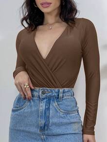 Marquezine Women's Long Sleeve Bodysuit With Front Wrapped Cup - 鏽棕色 - 查看 1