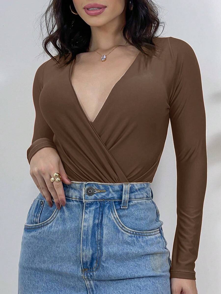 Marquezine Women's Long Sleeve Bodysuit With Front Wrapped Cup - 鏽棕色 - 查看 1