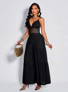 Mono ancho de mujer Amarilo de unicolor, sexy y elegante, con tirantes de encaje