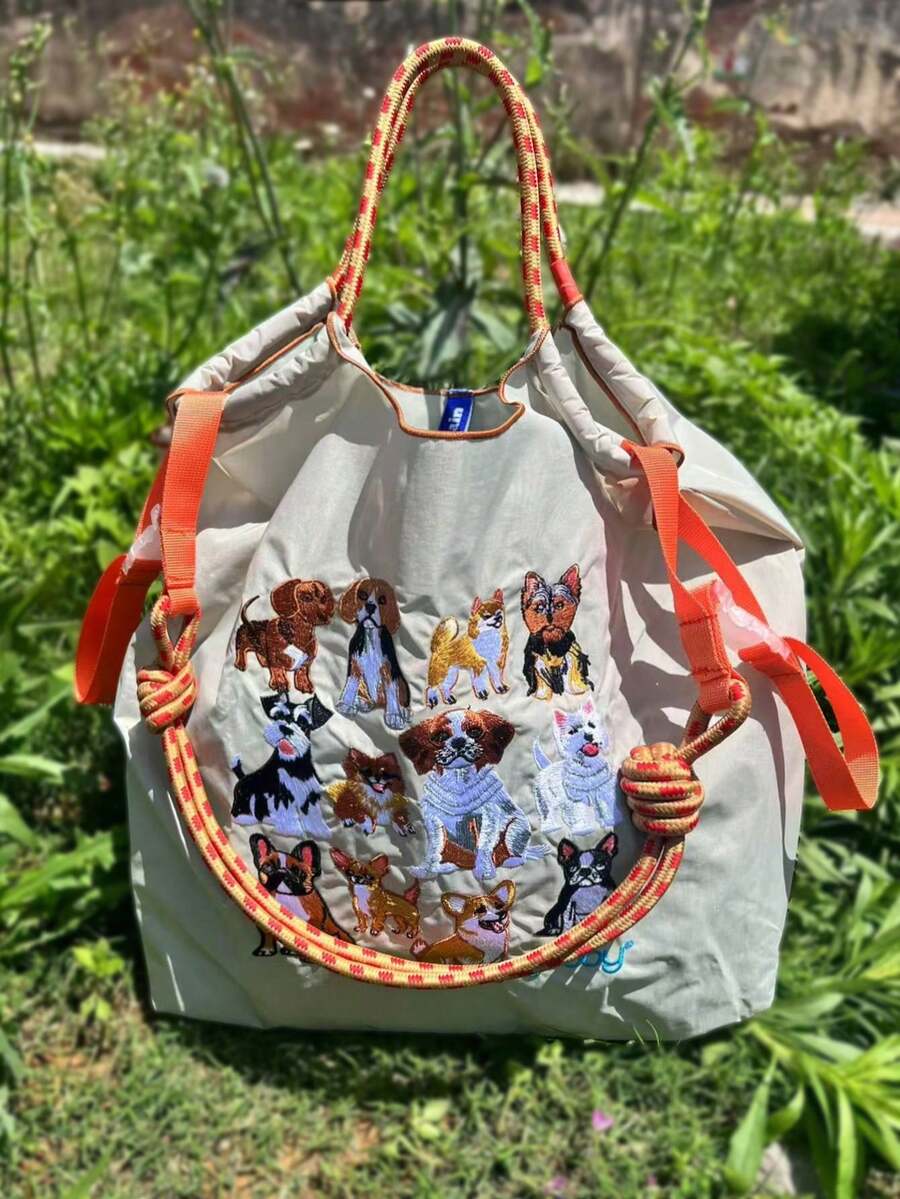 全新精美刺绣十二狗图案手提包，配有肩带，时尚百搭斜挎包，适合女士 - 彩色 - 查看 1