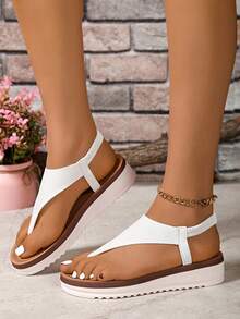 Women's Fashionable Casual Vacation Gold Buckle Decor Solid Color Platform Thick Bottom Sandals - White - View 5