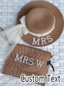 个性化字母珍珠装饰编织手提包/帽子，定制沙滩包，旅行钱包，太阳帽，单身派对、婚礼礼物 - 彩色 - 查看 2