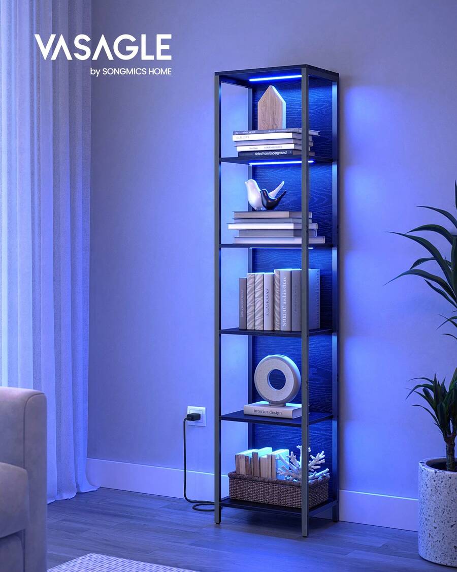 VASAGLE 6-Tier LED Bookshelf, Display Shelf With Dimmable Lights, LED Bookcase With Steel Frame, 11.9 X 15.7 X 70.3 Inches, For Living Room, Bedroom, Office, Black With Wood Grain - màu đen - Xem 1